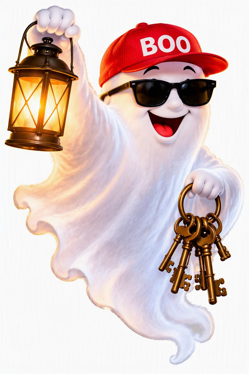 Illustration: Schlossgeist Boo mit roter Kappe, Sonnenbrille, Laterne und Schlüsselbund.