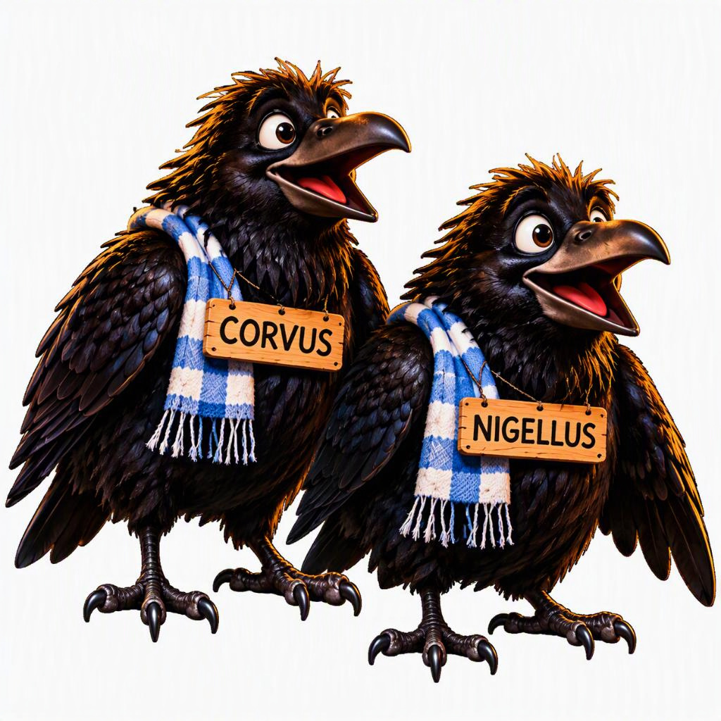Illustration: Die Raben Corvus und Nigellus mit Schals und Namensschildern.